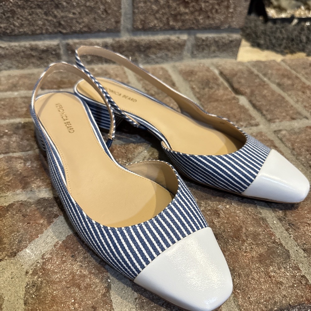 Veronica Beard Cecile Leather Canvas Woman Sz 8 Blue Stripe Slingback #813
